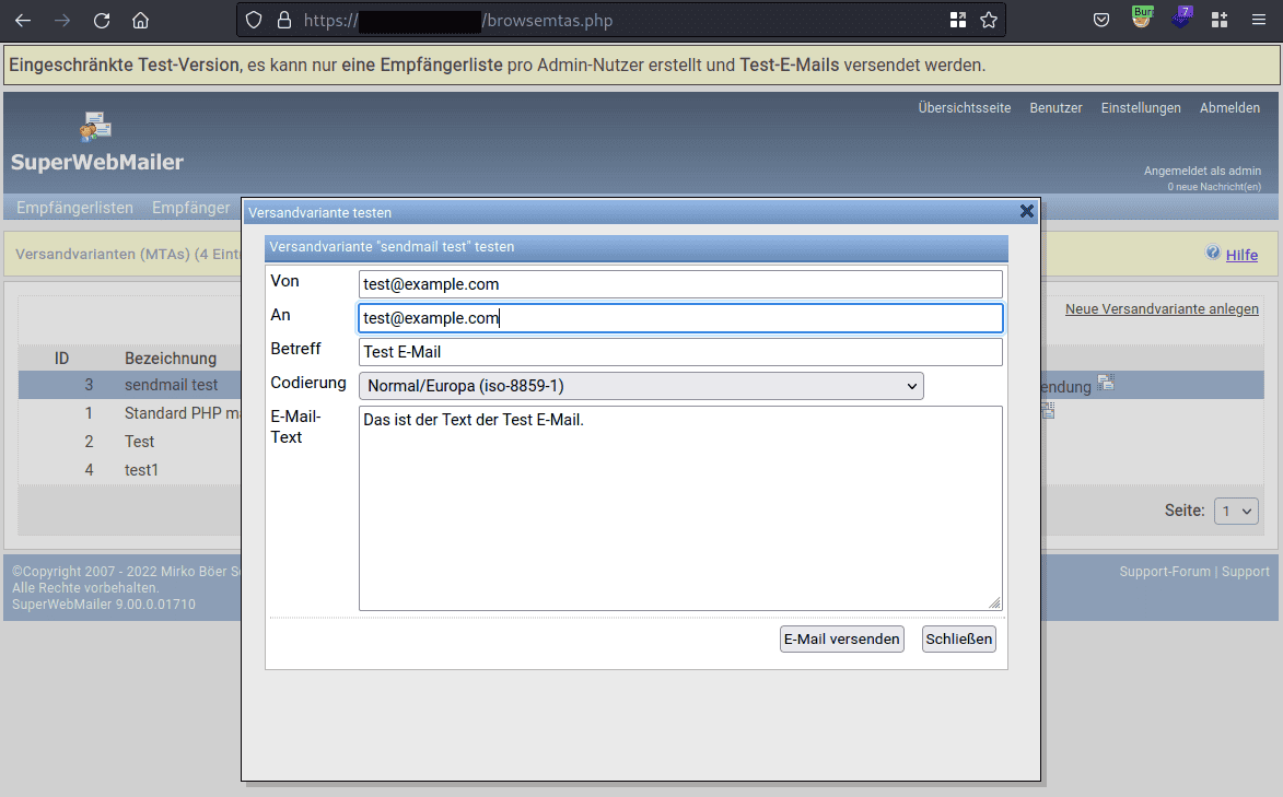 Screenshot of testing the Versandvariante to trigger the payload